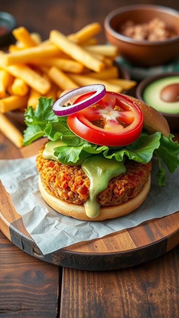 A quinoa burger on a toasted bun with lettuce, tomato, and onion, served with fries.